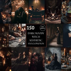 May include: A collection of 150 dark, moody witch aesthetic stock photos. The images feature scenes with candles, tarot cards, and figures in dark clothing. The overall theme is gothic and mystical.