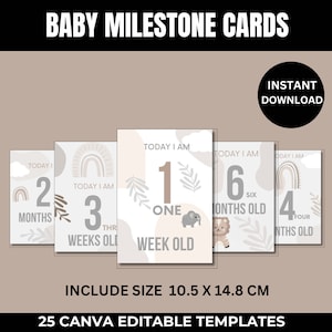 Cartes d'étape faites main de bébé, cartes de bébé mensuelles, cartes mémoire de bébé, traqueur de croissance de bébé, modèle modifiable de toile, téléchargement immédiat
