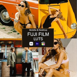 May include: A collage of four lifestyle images. The images show people posing with cars and eating. The text "Mobile & Desktop FUJI FILM LUTS" is displayed on a black background with app icons.