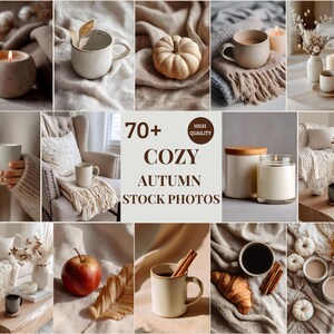 May include: A collage of cozy autumn-themed stock photos. Images include a lit candle, mugs, a small pumpkin, a cup of coffee, and a croissant. The text "70+ COZY AUTUMN STOCK PHOTOS" is also visible.