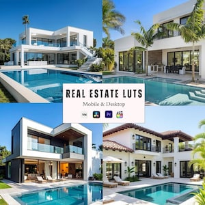 May include: A collage of four modern luxury homes with swimming pools, featuring white and dark exterior walls, large glass windows, and palm trees. The center text reads REAL ESTATE LUTS Mobile & Desktop with icons for VN, DaVinci Resolve, Premiere, and Final Cut.