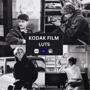 May include: A monochrome collage with four scenes. The central image displays the text "KODAK FILM LUTS" with icons for VN, Pr, and a film clapper. The scenes include people in different settings, including a car and a train.