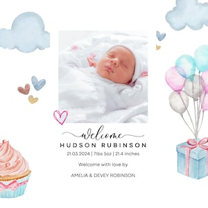Modèle de faire-part de naissance bébé, faire-part de naissance nouveau-né avec photo, nouveau-né, carte de bienvenue, modèles imprimables modifiables Canva