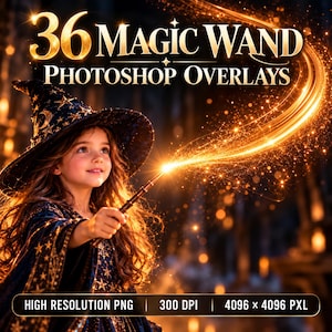 Op de afbeelding: Een digitale collectie getiteld 36 Magic Wand Photoshop Overlays met een donkerblauwe tovenaarshoed met gouden sterren en een toverstaf die een gouden lichtspoor uitstraalt. Tekst: High Resolution PNG, 300 DPI, 4096 x 4096 PXL.