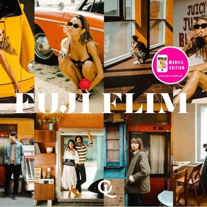 May include: A collage of lifestyle images featuring people in various settings. The images include a yellow car, a red car, and people in swimwear. The text "FUJI FILM" is prominently displayed, along with a mobile edition logo.