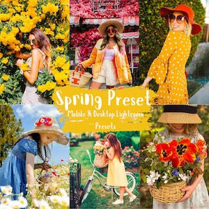 May include: A collection of spring-themed Lightroom presets for mobile and desktop. The presets feature a variety of colors, including yellow, pink, green, and blue. The presets are perfect for adding a touch of spring to your photos.
