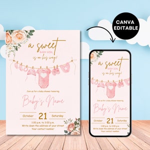 Faire-part pour une douche bébé fille, flore rose, design bohème, modèle de toile modifiable, thème de blanchisserie de vêtements de bébé imprimable