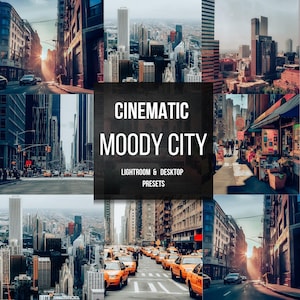 Puede incluir: Un collage de paisajes urbanos con una pancarta negra que dice "Cinematic Moody City Lightroom & Desktop Presets". Las imágenes muestran varias calles de la ciudad, edificios y horizontes con un ambiente melancólico y cinematográfico.