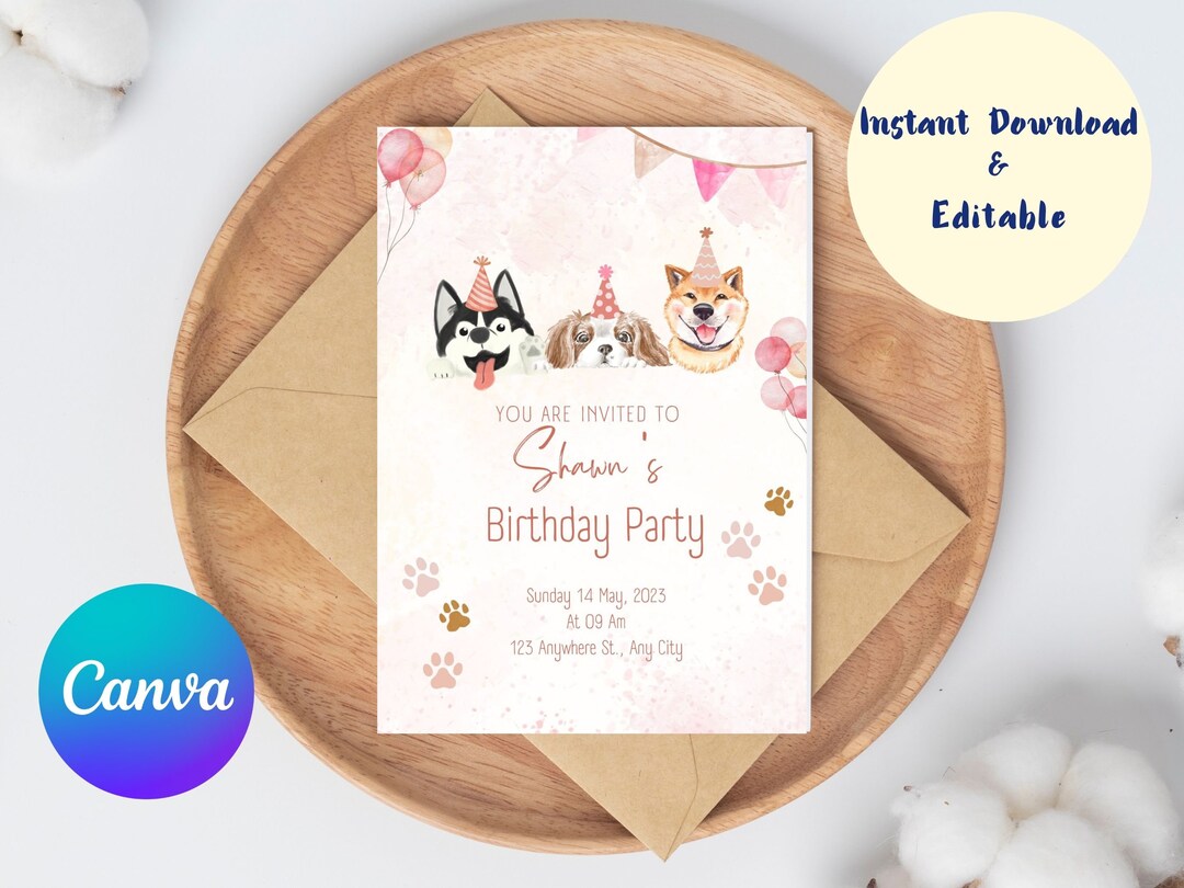 Editable Doggie Theme Birthday Canva Invitation Template Etsy