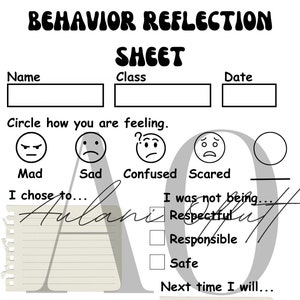 以下が含まれることがあります： チェックリストと書き込みスペースのある白黒の印刷可能な行動反省シート。シートには、怒った顔、悲しい顔、混乱した顔、怖い顔、空白の顔のアイコンで、自分の気持ちを囲むセクションが含まれています。シートには、自分が選んだことと、自分がしていなかったことについて書くセクションも含まれています。シートには、次に何をするかについて書くセクションも含まれています。シートには、謝罪する必要があるかどうか、そして誰に謝罪する必要があるかをチェックするセクションも含まれています。