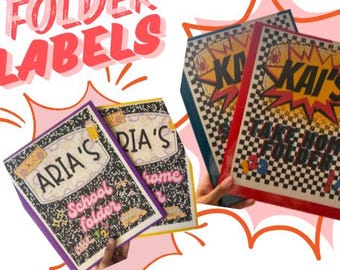 May include: Folder labels with the text "FOLDER LABELS" in pink. The image shows several folders with personalized labels. One folder is purple with "ARIA'S School folder" written on it. Another folder is yellow with "ARIA'S home" written on it. The other folders are red, blue and white with "KAI'S Take Home Folder" written on them.