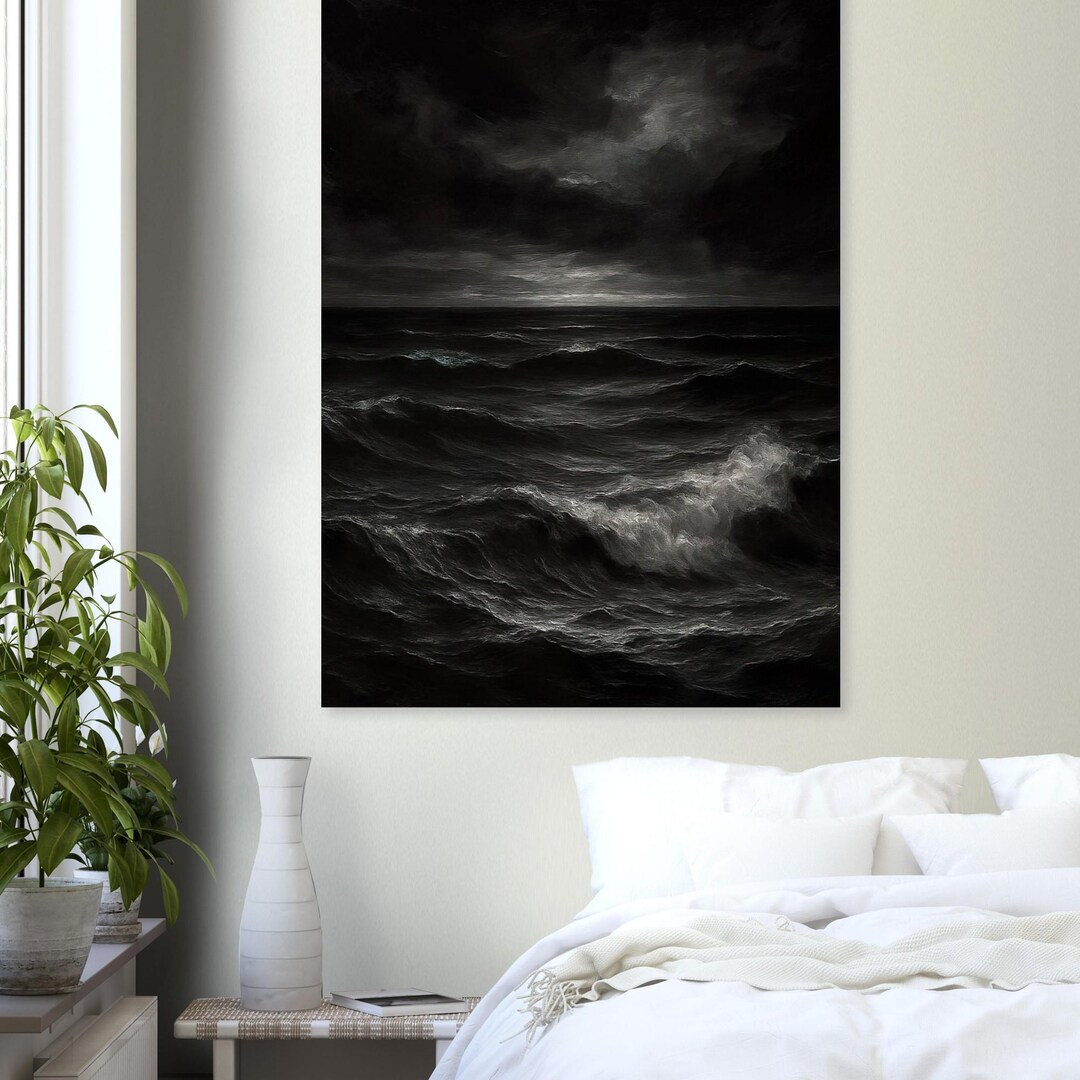 Minimalist Ocean Wave Wall Art – Moody Black & White Seascape Print ...