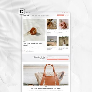 May include: A website mockup on a white background, featuring a blog layout with images and text. The design includes a light coral color scheme and a subscription form. A straw tote bag and sunglasses are visible.