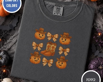 Halloween Gift for Her Shirt, Cowgirl Pumpkin and Bow Tee, Western Spooky Fall Top