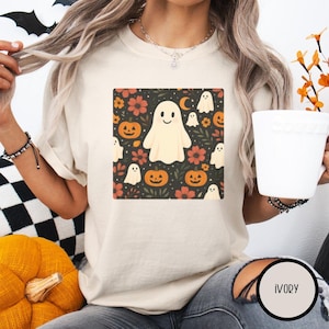 Ghost floral Halloween shirt cute fall ghost tee with pumpkins and flowers cozy vintage Halloween shirt for women spooky season top