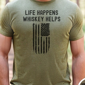 Life Happens Whiskey Helps Mens T-Shirt Funny Whiskey Drinking Tee Bourbon Lover Gift Casual Graphic Shirt for Dad Husband or Friend