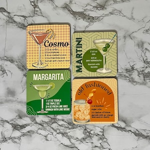 Cocktail Recipe Coasters - Set of 4 Coasters, Home Decoration, Small Gifts, Cocktail Recipes, Housewarming Gift, Teacher Gift
