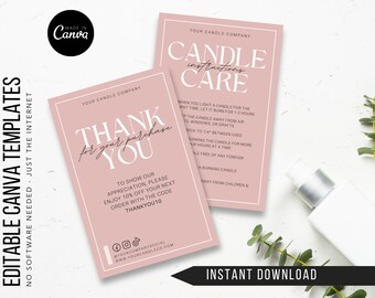 Elegant Editable Canva Candle Care Card Template | Simple Thank You Card, Order Insert, Brand Printable Product Instructions for Boutiques