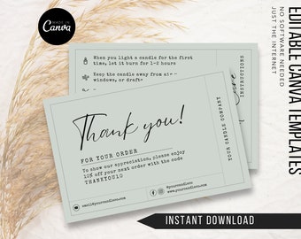 Soft Boho Editable Canva Candle Care Card Template | Simple Thank You Card, Order Insert, Brand Printable Product Instructions for Boutiques