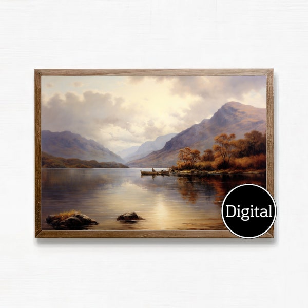 Vintage Scottish Lake Landscape Painting | Loch Ness Row Boat | PRINTABLE Digital Download
