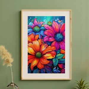 Trippy flower wall art. Psychedelic, colorful, digital art.