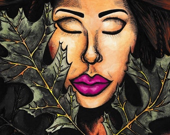 Woman in Leaves, Female Face, Lips, Watercolor Painting, Ink Pen Drawing, Giclee Print on Fine Art Paper