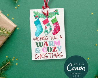 Modèle de toile d'étiquette de Noël chaleureux et confortable, étiquette de cadeau de Noël chaleureuse et confortable, étiquette de Noël chaussettes duveteuses, étiquette-cadeau de banque d'enseignants