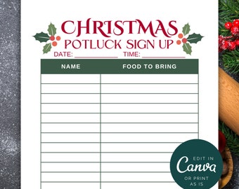Könnte beinhalten: Ein druckbares Anmeldeformular für ein Weihnachts-Potluck mit einem grünen und roten Stechpalmen-Design. Das Formular hat Spalten für Name, Datum, Uhrzeit und Essen zum Mitbringen. Es steht auch "In Canva bearbeiten oder so drucken".