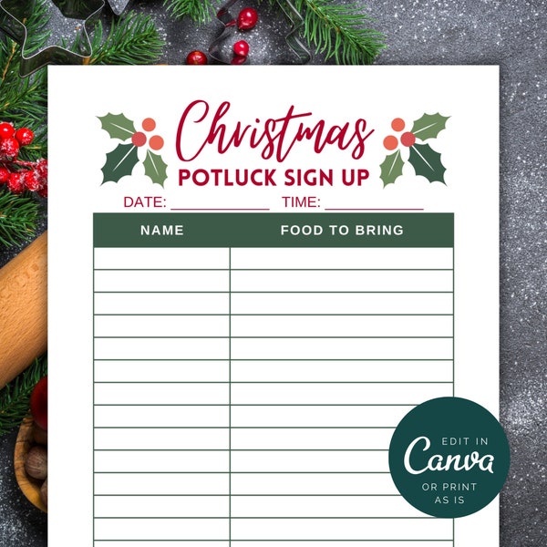 Printable Holiday Potluck Signup Sheet Canva, Christmas Potluck Sign Up Sheet Template, Holiday Food Sign Up Sheet Template A4 US Letter PTA