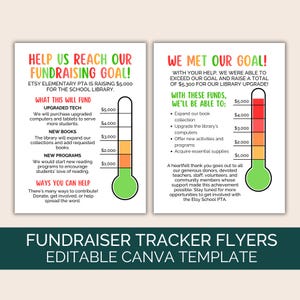 May include: A green, orange and red thermometer graphic with a fundraising goal of £5,000 for a school library. The graphic shows the amount raised and lists ways to help. The text reads "Help us reach our fundraising goal!" and "We met our goal!"