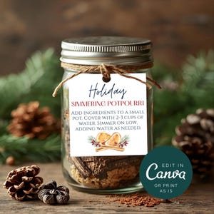 Puede incluir: Un tarro de cristal con tapa plateada y una etiqueta que dice "Holiday Simmering Potpourri". El tarro contiene ingredientes para popurrí. La etiqueta incluye instrucciones y un gráfico de naranjas y palitos de canela. El tarro está atado con hilo.