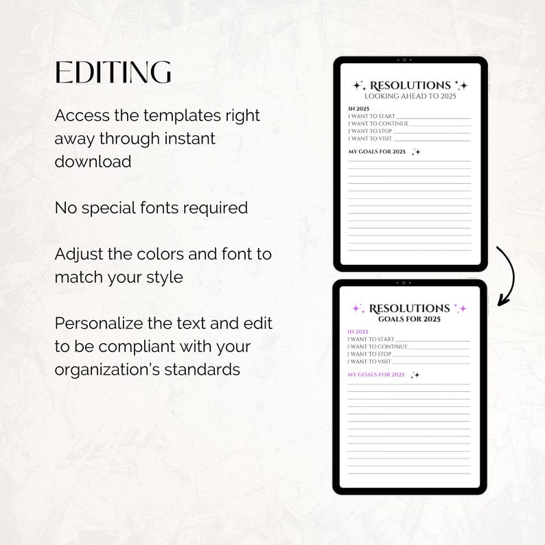 Puede incluir: Plantilla de agenda digital editable para establecer resoluciones y objetivos para el a&ntilde;o 2025. La plantilla presenta un esquema de color rosa y morado con un dise&ntilde;o de estrella. El texto "Resoluciones Mirando hacia el futuro 2025" y "Resoluciones Metas 2025" est&aacute; incluido en la plantilla.