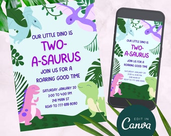 Dinosaur Birthday Invitation Girl 2, Girl Dinosaur Birthday Invitation, Girly Dinosaur Birthday Invite Template Girl Dino Party Invite Canva