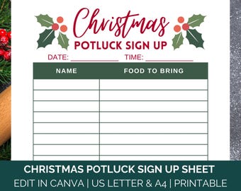 Könnte beinhalten: Druckbare Weihnachts-Potluck-Anmeldeliste mit Illustrationen von Stechpalmenblättern. Das Blatt enthält Abschnitte für Datum, Uhrzeit, Name und Essen zum Mitbringen. Der Text "Christmas Potluck Sign Up Sheet" und "Edit in Canva | US Letter & A4 | Printable" befindet sich am unteren Rand des Blattes.