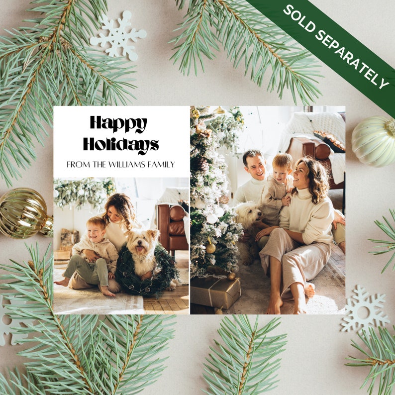 Puede incluir: Una tarjeta de Navidad con un collage de fotos de una familia con su perro. El texto de la tarjeta dice "Happy Holidays from the Williams Family".