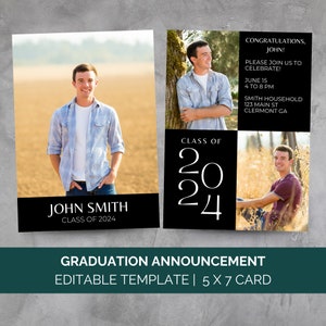 A printable and editable template for a double-sided 5x7 card graduation announcement template with multiple photos for guys. The template is fully editable in Canva and allows color and font changes.