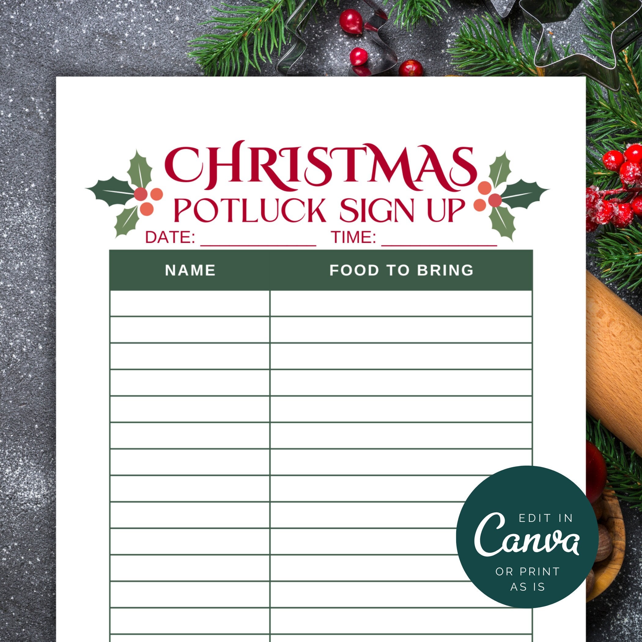 Christmas Potluck Sign up Sheet Template, Printable Holiday Potluck Christmas Potluck Sign up Sheet Template, Printable Holiday Potluck