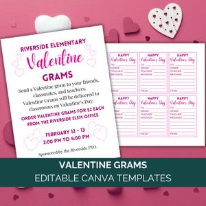 May include: Printable Valentine's Day gram templates for Riverside Elementary School. The pink and white design features hearts and the text "Valentine Grams". The template includes space for the recipient's name, grade, teacher, and a message. The text also states that Valentine Grams can be ordered for $2 each from the Riverside Elementary School office.