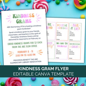 Modelo de panfleto de arrecadação de fundos Kindness Grams Canva, etiquetas de gram do dia dos namorados do PTO, ideias para arrecadação de fundos para escolas, cartões de gram de amizade do PTO