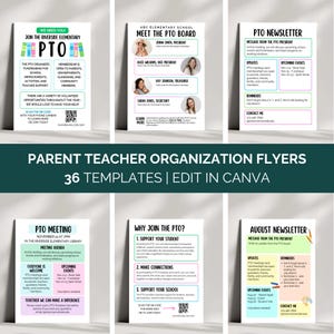May include: A collection of six flyers with a teal background, promoting Parent Teacher Organization (PTO) events. The flyers feature text and graphics, including the words "PTO," "Meeting," and "Newsletter." The flyers are designed to be edited in Canva.