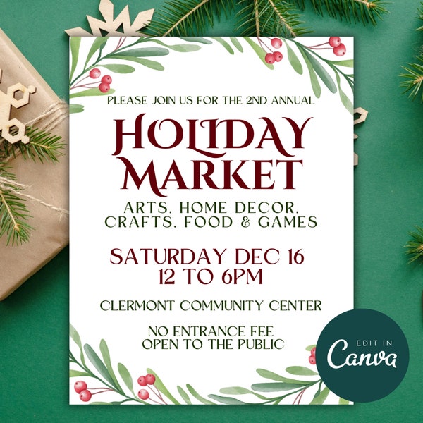 Christmas Holiday Market Flyer, Printable Holiday Craft Fair Sign, Editable Winter Festival Flyer Template, Craft Show Flyer US Letter A4