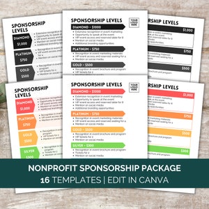 May include: A colourful chart with the title "Nonprofit Sponsorship Package" and the text "16 Templates | Edit in Canva". The chart lists different sponsorship levels with corresponding benefits and prices. The levels include Diamond, Platinum, Gold, and Silver.