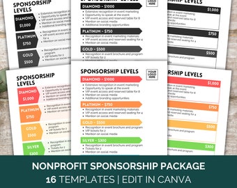 Modèle de niveaux de parrainage, flyer de niveau de parrainage pour association, package de parrainage d'événement à but non lucratif, modèle de campagne de collecte de fonds Canva PTO