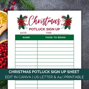 Op de afbeelding: Een witte, bedrukbare kerstpotluck-inschrijflijst. De bovenkant toont het woord "Christmas" in rood schrift, met poinsettia's en dennenappels. Hieronder staan velden voor datum, tijd, naam en mee te nemen eten.
