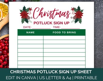 Könnte beinhalten: Ein weißes, bedruckbares Weihnachts-Potluck-Anmeldeformular. Oben steht das Wort "Christmas" in roter Schrift, mit Weihnachtssternen und Tannenzapfen. Darunter befinden sich Felder für Datum, Uhrzeit, Name und mitzubringendes Essen.