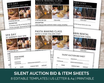 May include: Eight printable silent auction bid and item sheets in US Letter and A4 sizes. The sheets have a black and white design with a title at the top that says "Silent Auction Bid & Item Sheets".