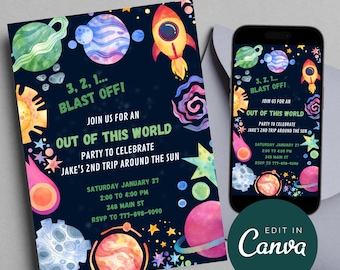 Space Birthday Invitation Canva, Editable Out Of This World Kids Birthday Party Invitation Template, Rocket Digital Party Invite