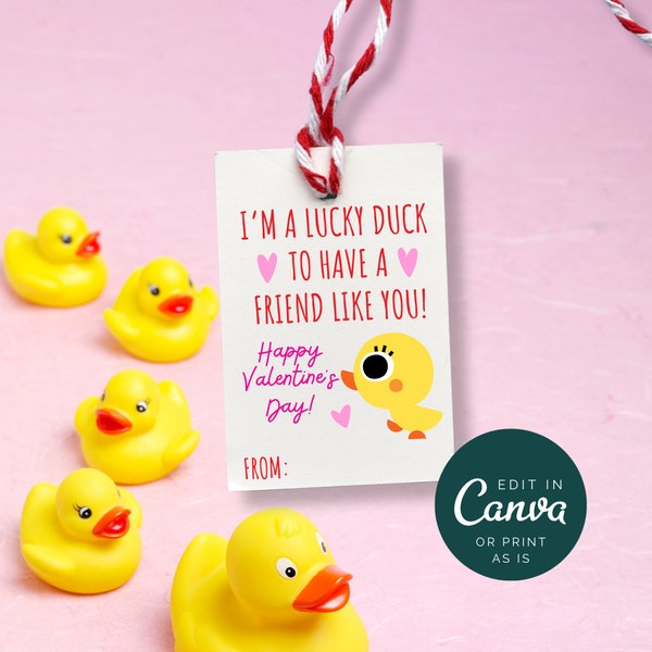 I'm A Lucky Duck Valentine Printable Tag, Lucky Duck Valentine Template, Rubber Duck Valentine, Editable Lucky Duck Valentine Tag Canva