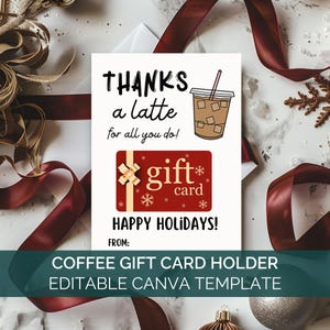 Obrigado, um modelo de porta-cartão-presente Latte Canva, porta-cartão-presente de café de outono, presente de agradecimento à equipe com tema de café de Natal, treinador PTO