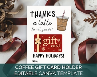 Op de afbeelding: Een afdrukbare cadeaukaart-houder sjabloon met een feestelijk ontwerp. Het sjabloon bevat een koffiebeker met een rietje, een cadeaukaart en de tekst "Bedankt voor alles wat je doet!" en "Prettige feestdagen!"